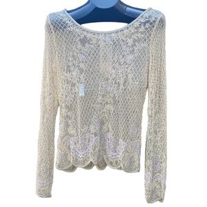 Vintage ivory mesh open weave beaded crochet top scallop bottom tunic top
